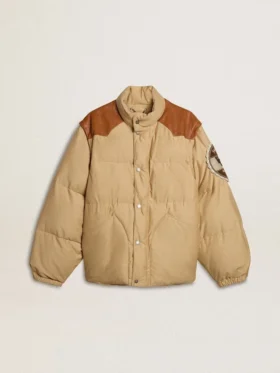 Blouson aviateur beige avec détails en cuir et patchs