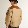 Blouson aviateur beige avec détails en cuir et patchs
