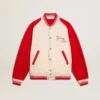 Blouson aviateur en coton blanc délavé et rouge avec broderies