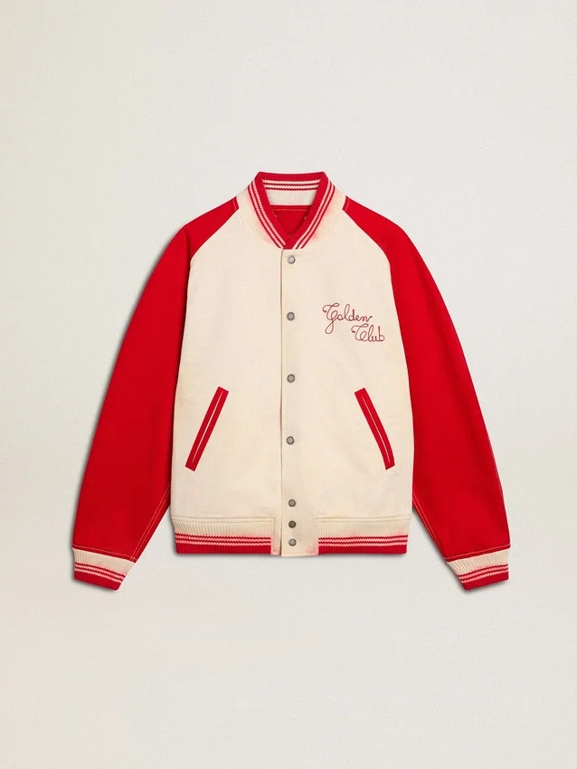 Blouson aviateur en coton blanc délavé et rouge avec broderies