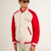 Blouson aviateur en coton blanc délavé et rouge avec broderies