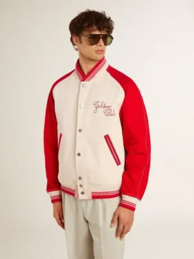 Blouson aviateur en coton blanc délavé et rouge avec broderies