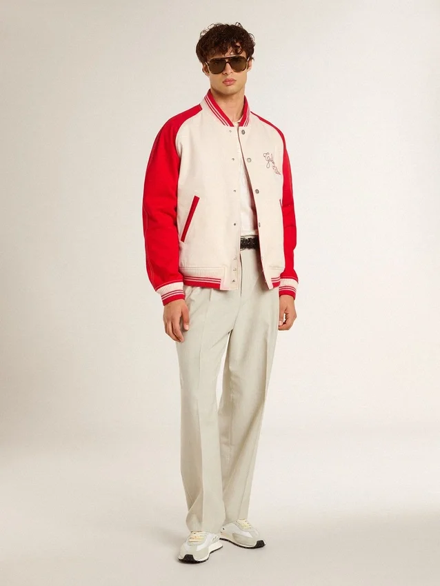 Blouson aviateur en coton blanc délavé et rouge avec broderies