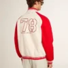 Blouson aviateur en coton blanc délavé et rouge avec broderies