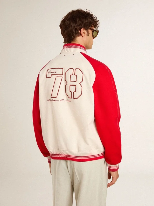 Blouson aviateur en coton blanc délavé et rouge avec broderies