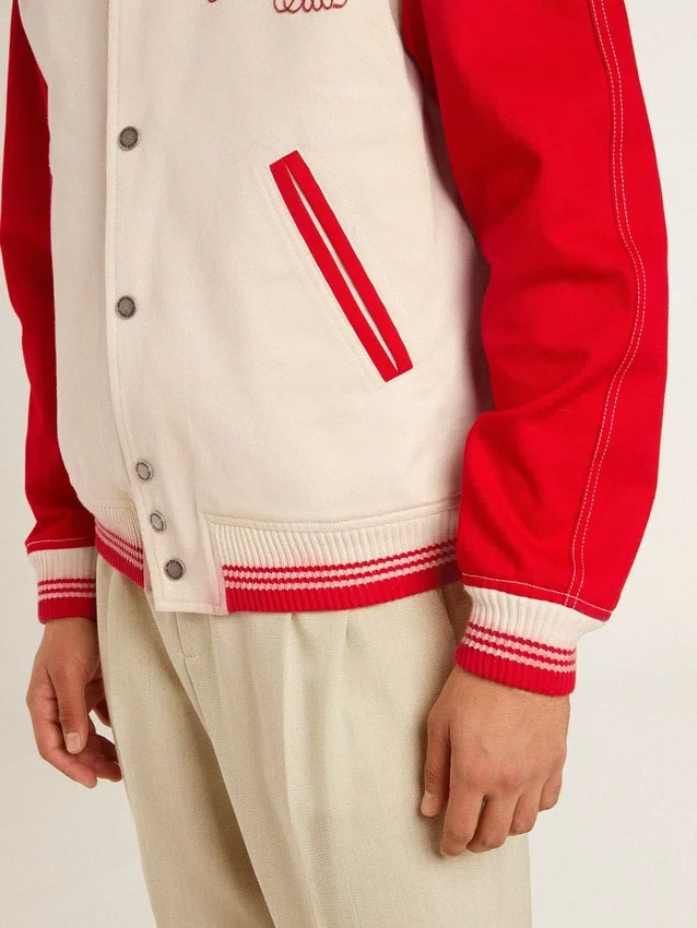 Blouson aviateur en coton blanc délavé et rouge avec broderies