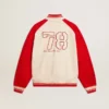 Blouson aviateur en coton blanc délavé et rouge avec broderies