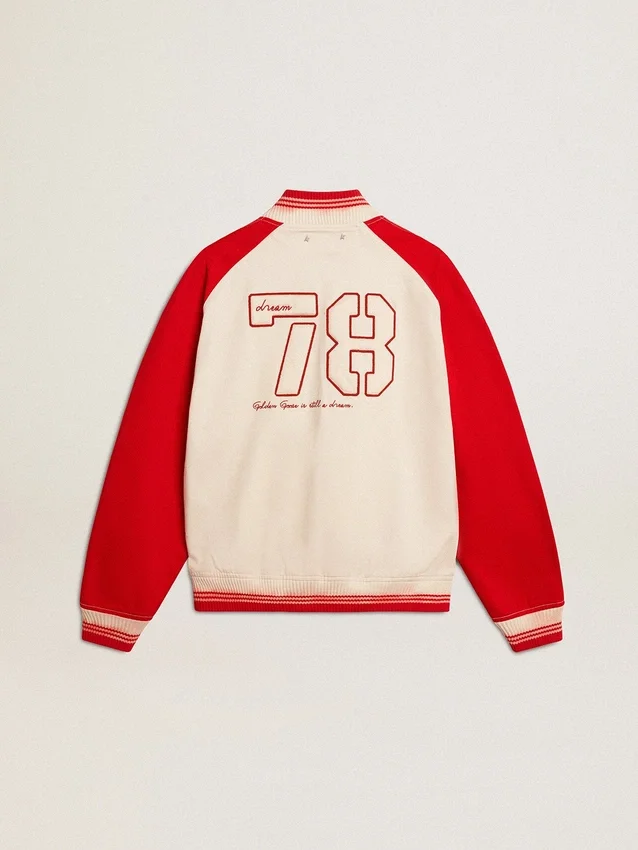 Blouson aviateur en coton blanc délavé et rouge avec broderies