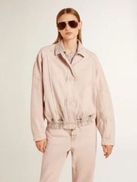 Blouson aviateur en denim teint en rose pour femme