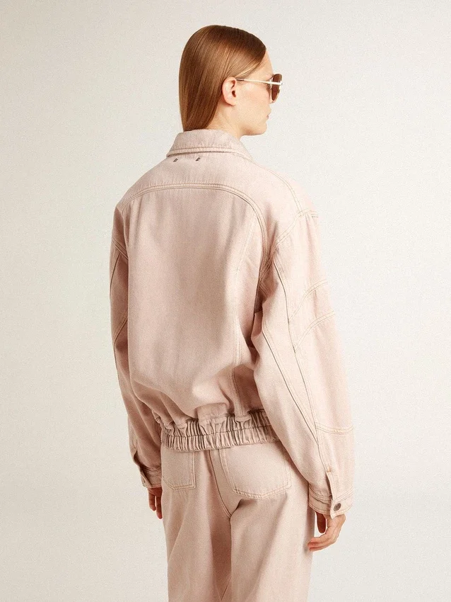 Blouson aviateur en denim teint en rose pour femme