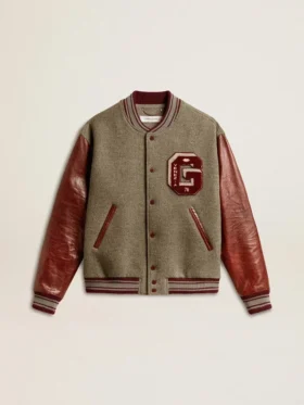 Blouson aviateur en laine gris chiné avec manches en cuir