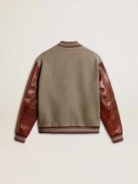 Blouson aviateur en laine gris chiné avec manches en cuir