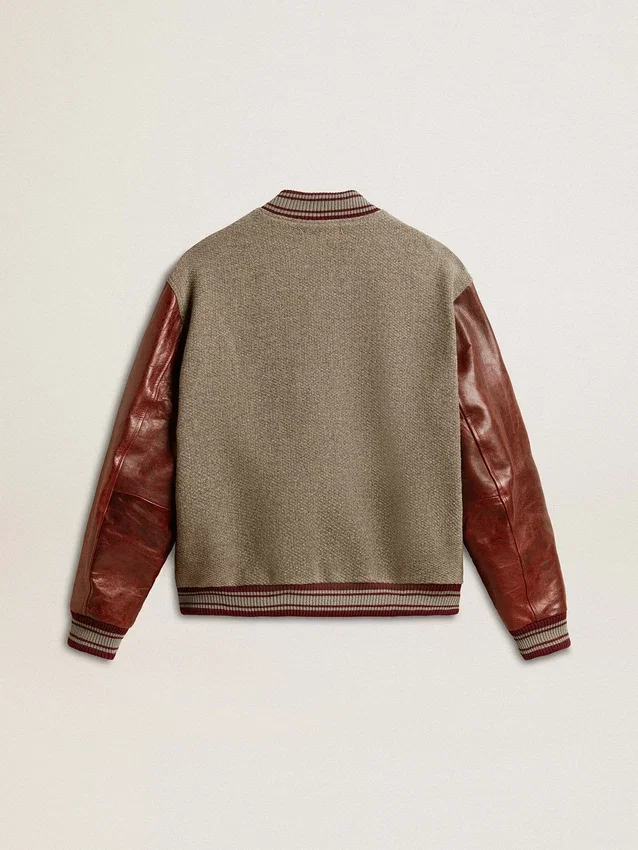 Blouson aviateur en laine gris chiné avec manches en cuir