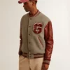 Blouson aviateur en laine gris chiné avec manches en cuir