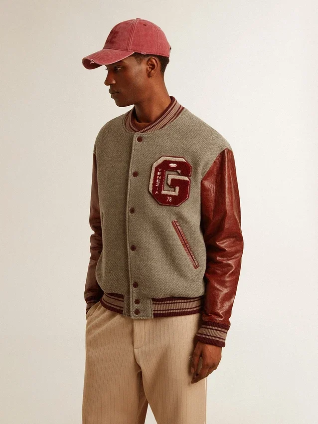 Blouson aviateur en laine gris chiné avec manches en cuir