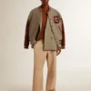 Blouson aviateur en laine gris chiné avec manches en cuir