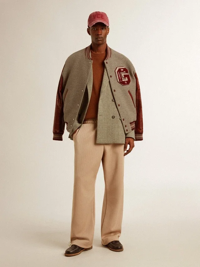 Blouson aviateur en laine gris chiné avec manches en cuir
