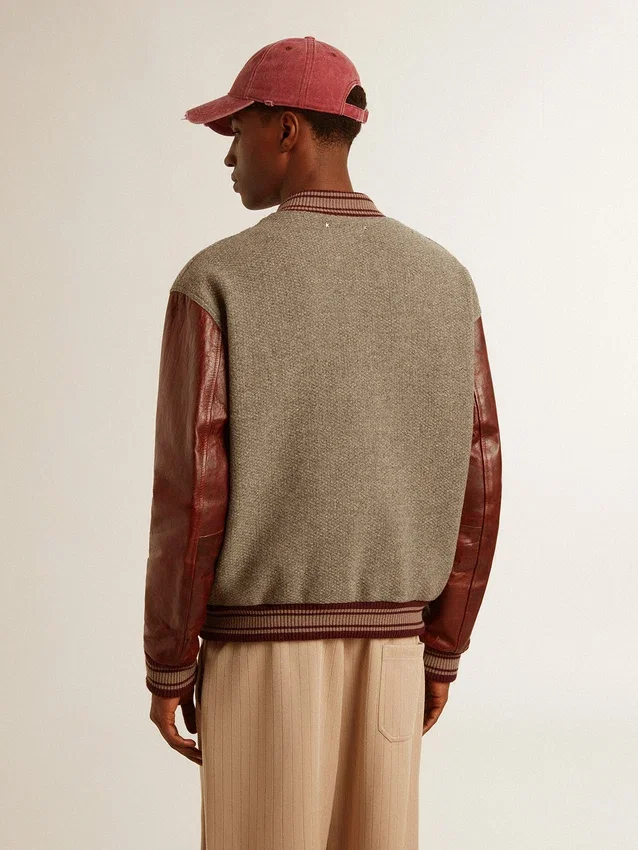 Blouson aviateur en laine gris chiné avec manches en cuir