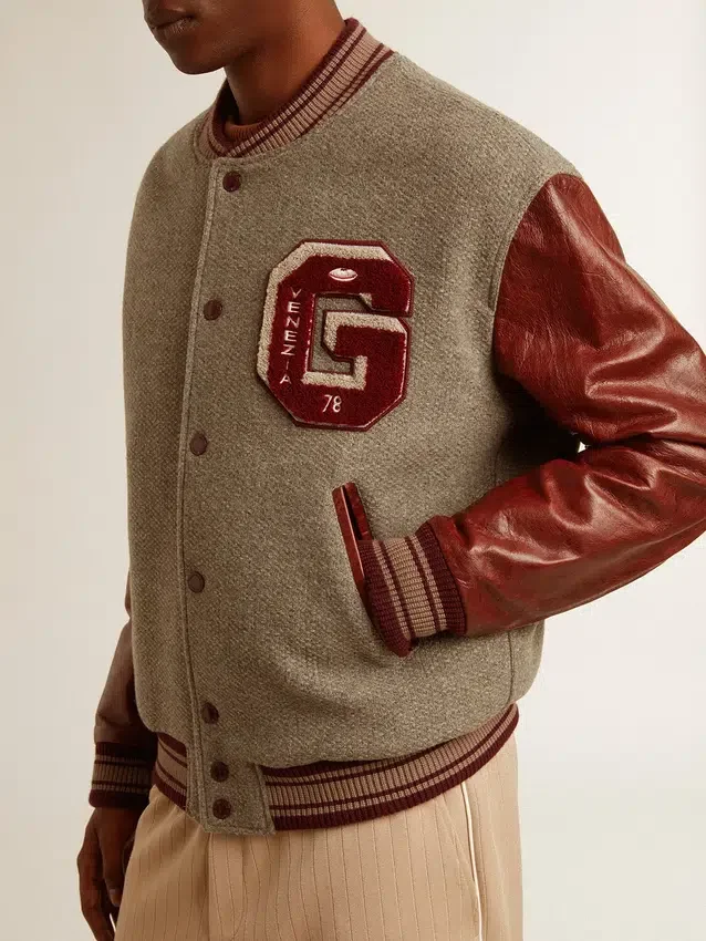Blouson aviateur en laine gris chiné avec manches en cuir