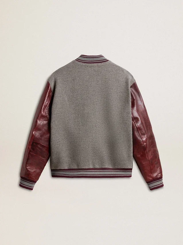 Blouson aviateur en laine gris chiné avec manches en cuir