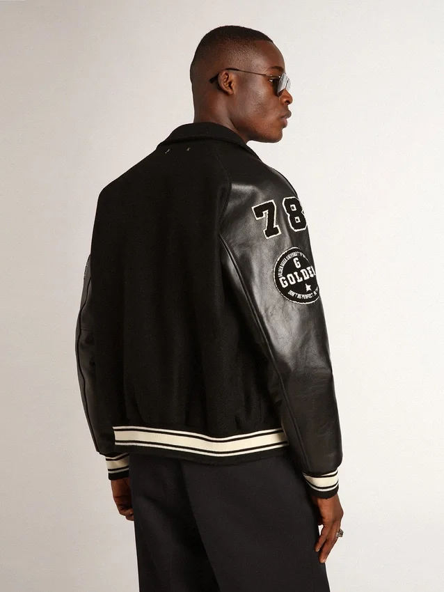 Blouson aviateur en laine noire avec patch