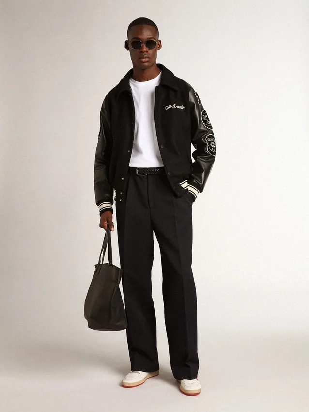 Blouson aviateur en laine noire avec patch