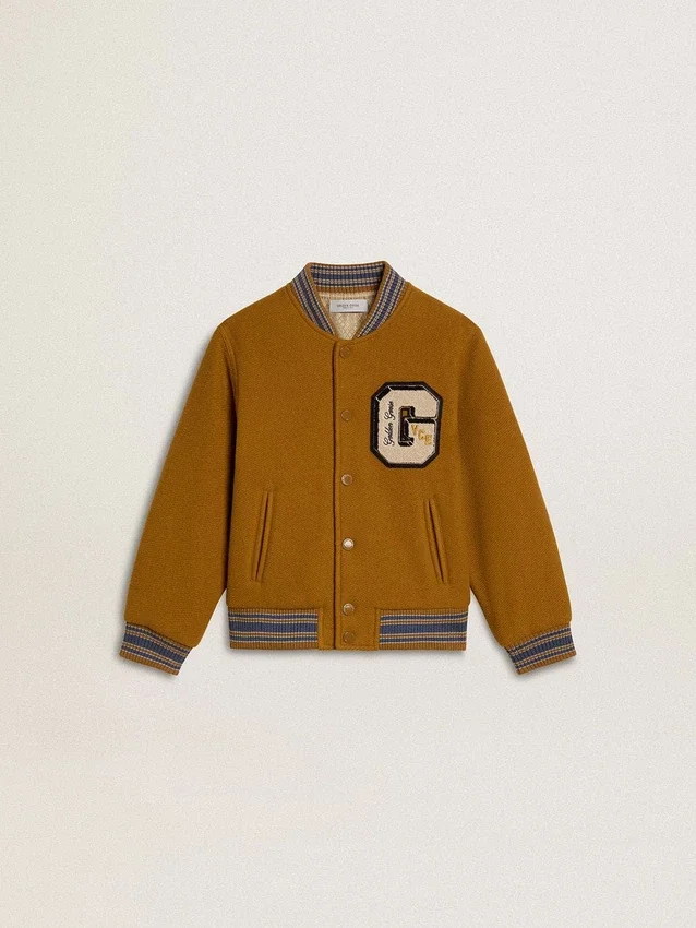 Blouson aviateur en laine pour enfant, jaune ocre, avec écusson