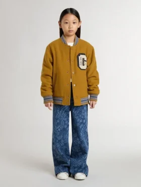 Blouson aviateur en laine pour enfant, jaune ocre, avec écusson