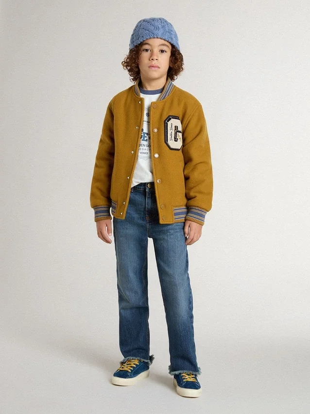 Blouson aviateur en laine pour enfant, jaune ocre, avec écusson