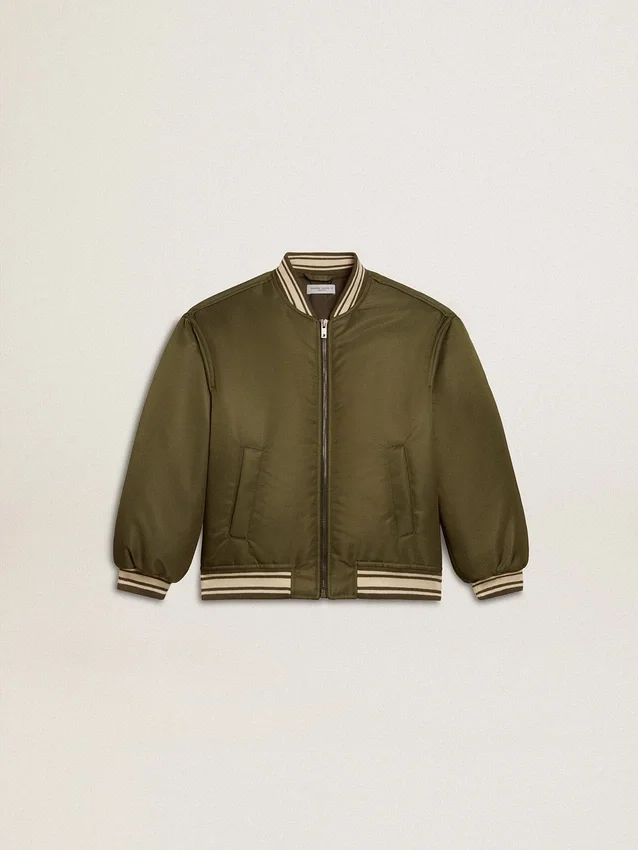 Blouson aviateur en nylon vert militaire pour enfant avec inscription dans le dos