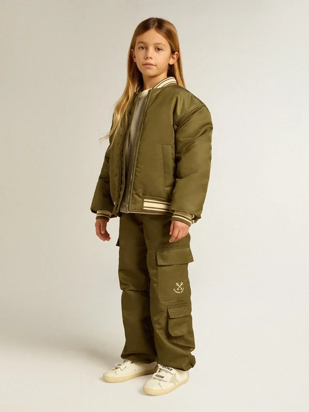 Blouson aviateur en nylon vert militaire pour enfant avec inscription dans le dos
