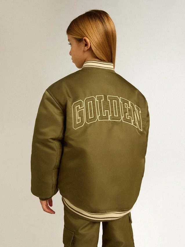 Blouson aviateur en nylon vert militaire pour enfant avec inscription dans le dos