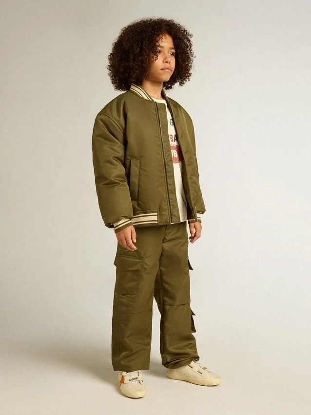 Blouson aviateur en nylon vert militaire pour enfant avec inscription dans le dos