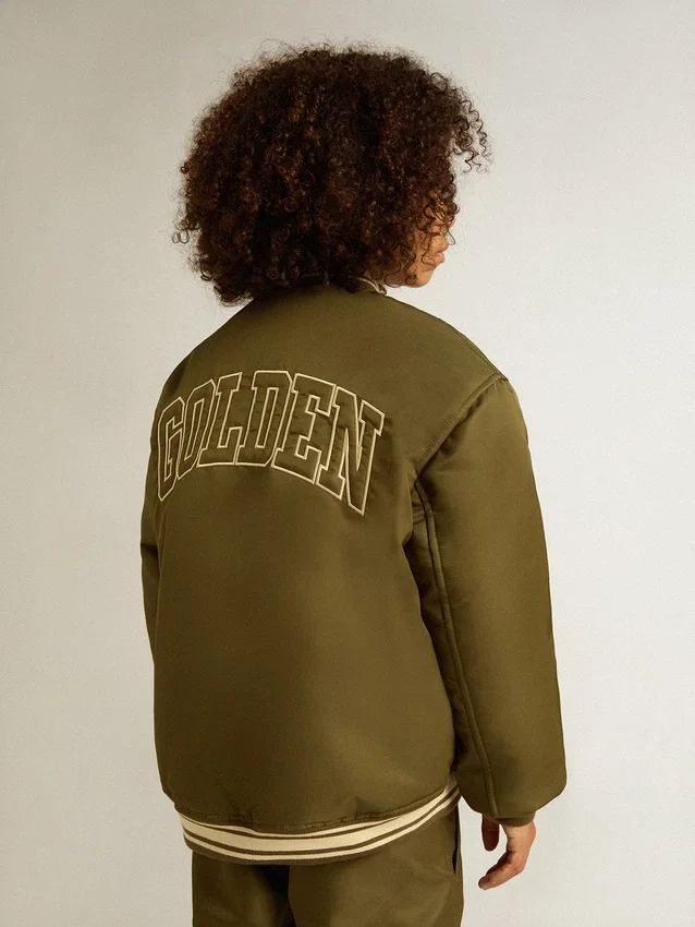 Blouson aviateur en nylon vert militaire pour enfant avec inscription dans le dos