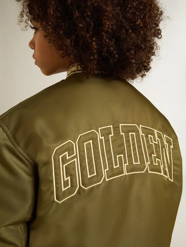 Blouson aviateur en nylon vert militaire pour enfant avec inscription dans le dos