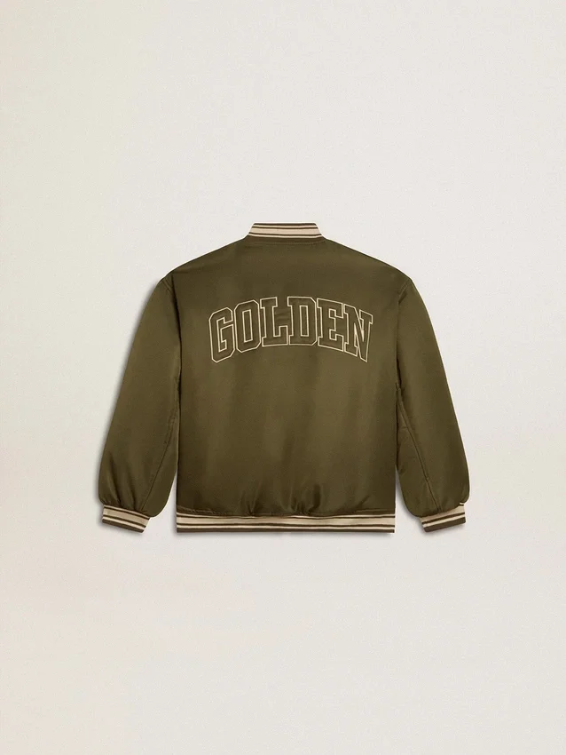 Blouson aviateur en nylon vert militaire pour enfant avec inscription dans le dos