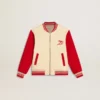Blouson aviateur pour enfant en coton beige et rouge avec broderie sur la poitrine
