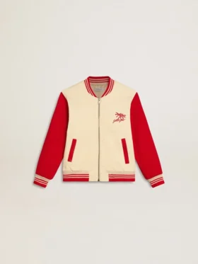 Blouson aviateur pour enfant en coton beige et rouge avec broderie sur la poitrine