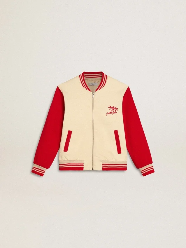 Blouson aviateur pour enfant en coton beige et rouge avec broderie sur la poitrine