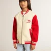 Blouson aviateur pour enfant en coton beige et rouge avec broderie sur la poitrine