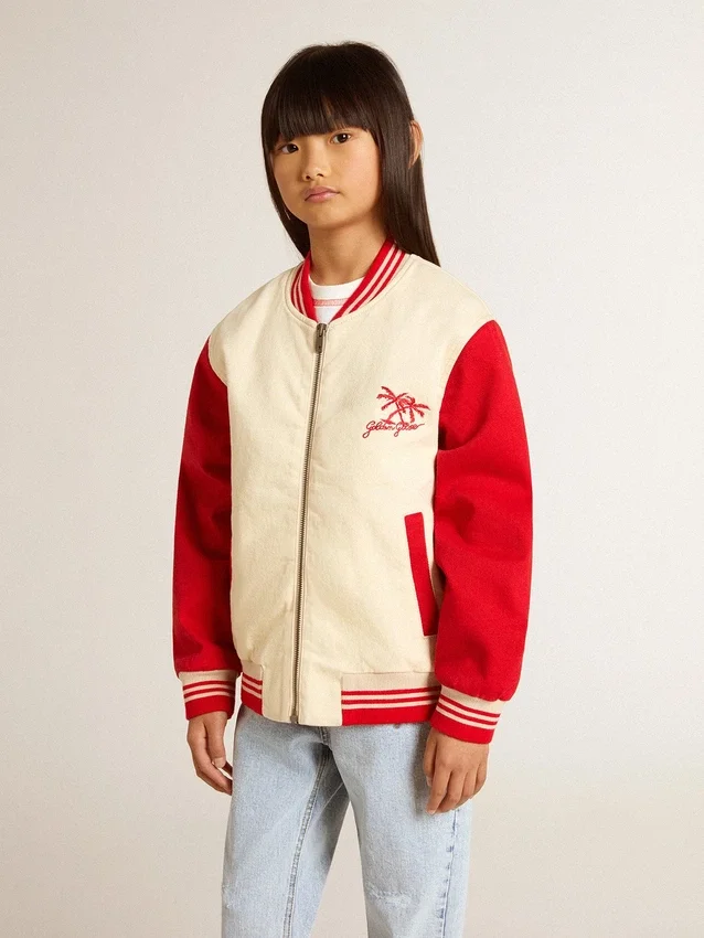 Blouson aviateur pour enfant en coton beige et rouge avec broderie sur la poitrine