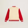 Blouson aviateur pour enfant en coton beige et rouge avec broderie sur la poitrine