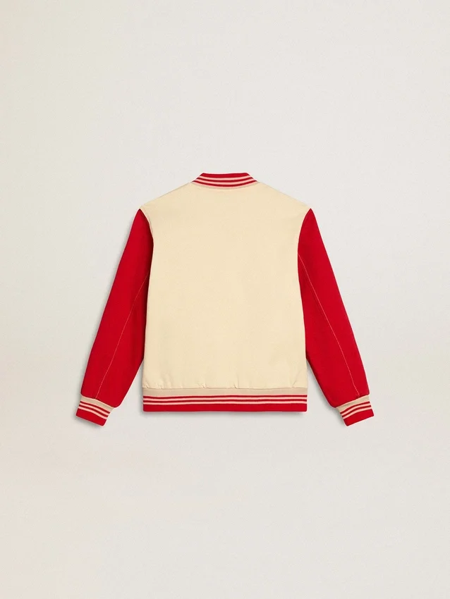 Blouson aviateur pour enfant en coton beige et rouge avec broderie sur la poitrine