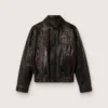 Blouson aviateur pour femme en cuir nappa bordeaux foncé avec broderies florales