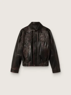 Blouson aviateur pour femme en cuir nappa bordeaux foncé avec broderies florales