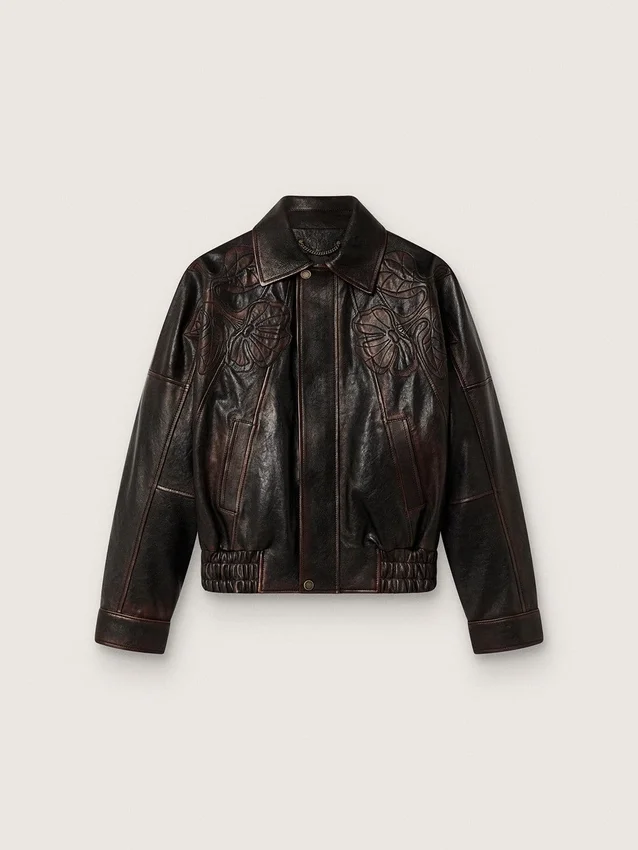 Blouson aviateur pour femme en cuir nappa bordeaux foncé avec broderies florales