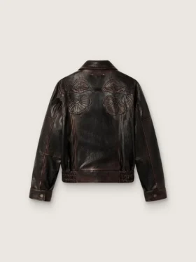 Blouson aviateur pour femme en cuir nappa bordeaux foncé avec broderies florales