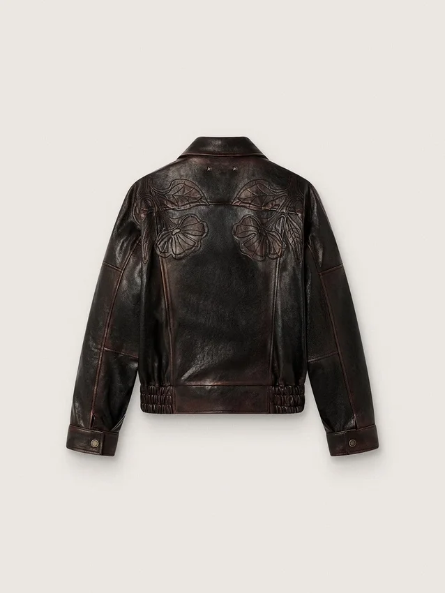 Blouson aviateur pour femme en cuir nappa bordeaux foncé avec broderies florales