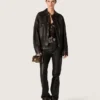 Blouson aviateur pour femme en cuir nappa bordeaux foncé avec broderies florales