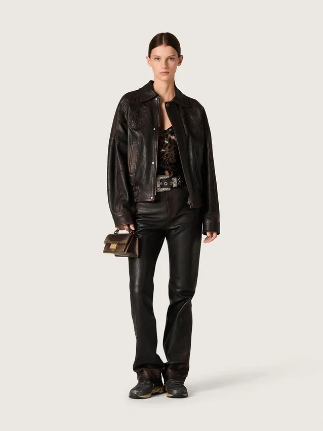 Blouson aviateur pour femme en cuir nappa bordeaux foncé avec broderies florales